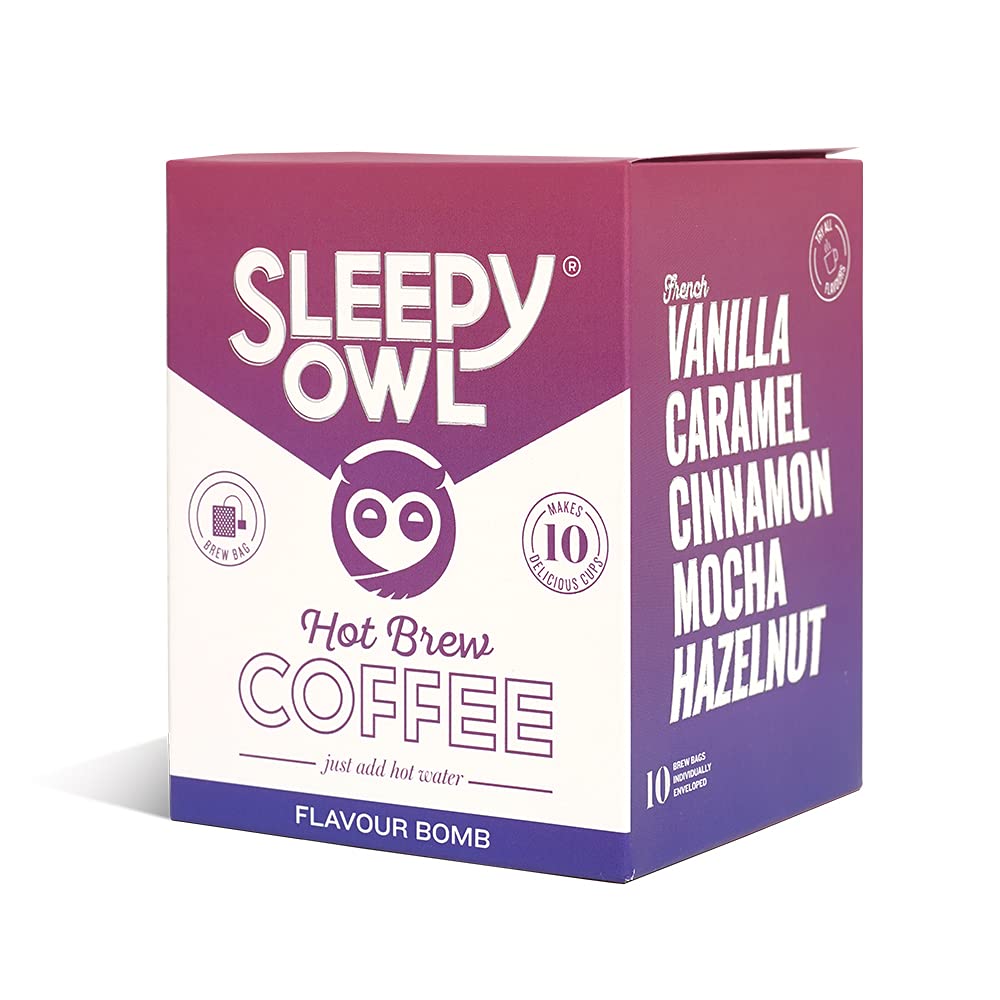 Sleepy Owl Hot Brew Flavour Box | 5 Flavours | Set of 10 Brew Bags - Makes 10 Cups | 100% Arabica Coffee | 5 Minute Hot Brew - No Equipment Required