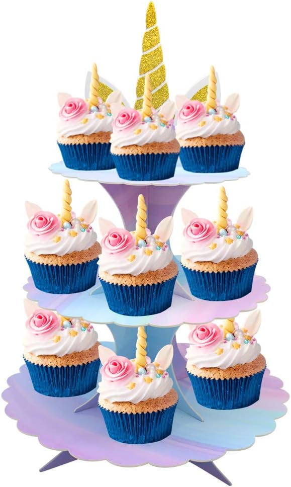 WEEPA 3 Tier Unicorn Cupcake Stand Unicorn Birthday Decorations Cupcake Toppers Pink Purple Cardboard Cake Stand for Party Decorations
