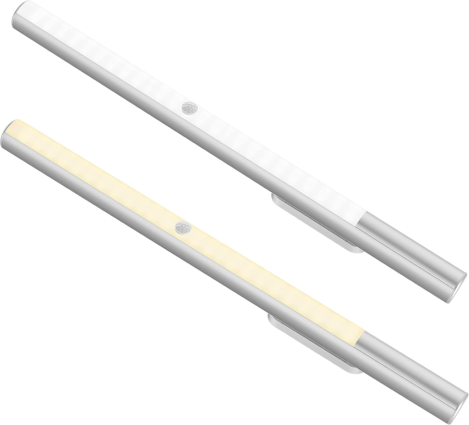 Two BLS LED closet lights, one emitting a cool white light and the other a neutral white light.