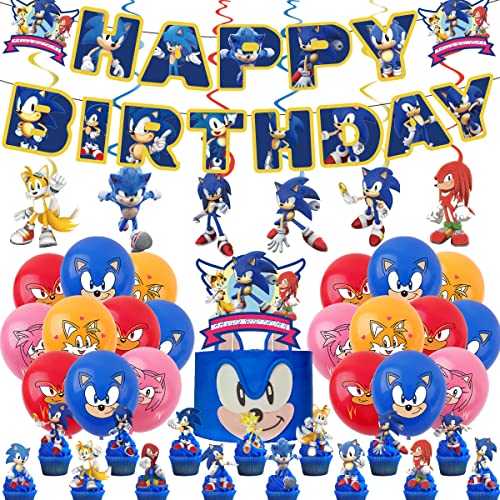 Sonic Birthday Party Decorations Supplies: Banner Balloons Hanging Swirls Cake & Cupcake Toppers Cake Decorations Ribbon