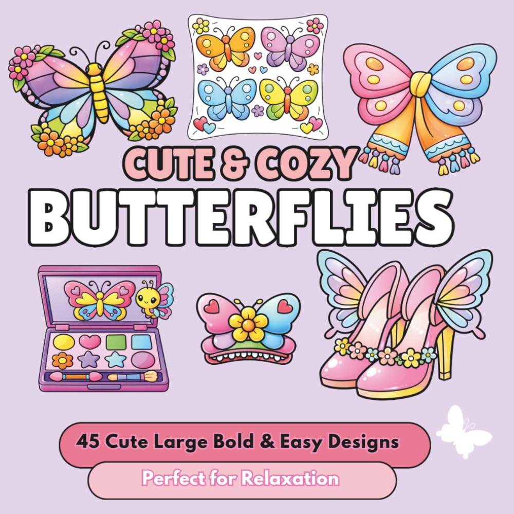 Cute & Cozy Butterflies: Bold & Easy Coloring Book for Adults: 45 Dreamy Butterfly Aesthetic, Floral Scenes, Fashion & Cozy Moments