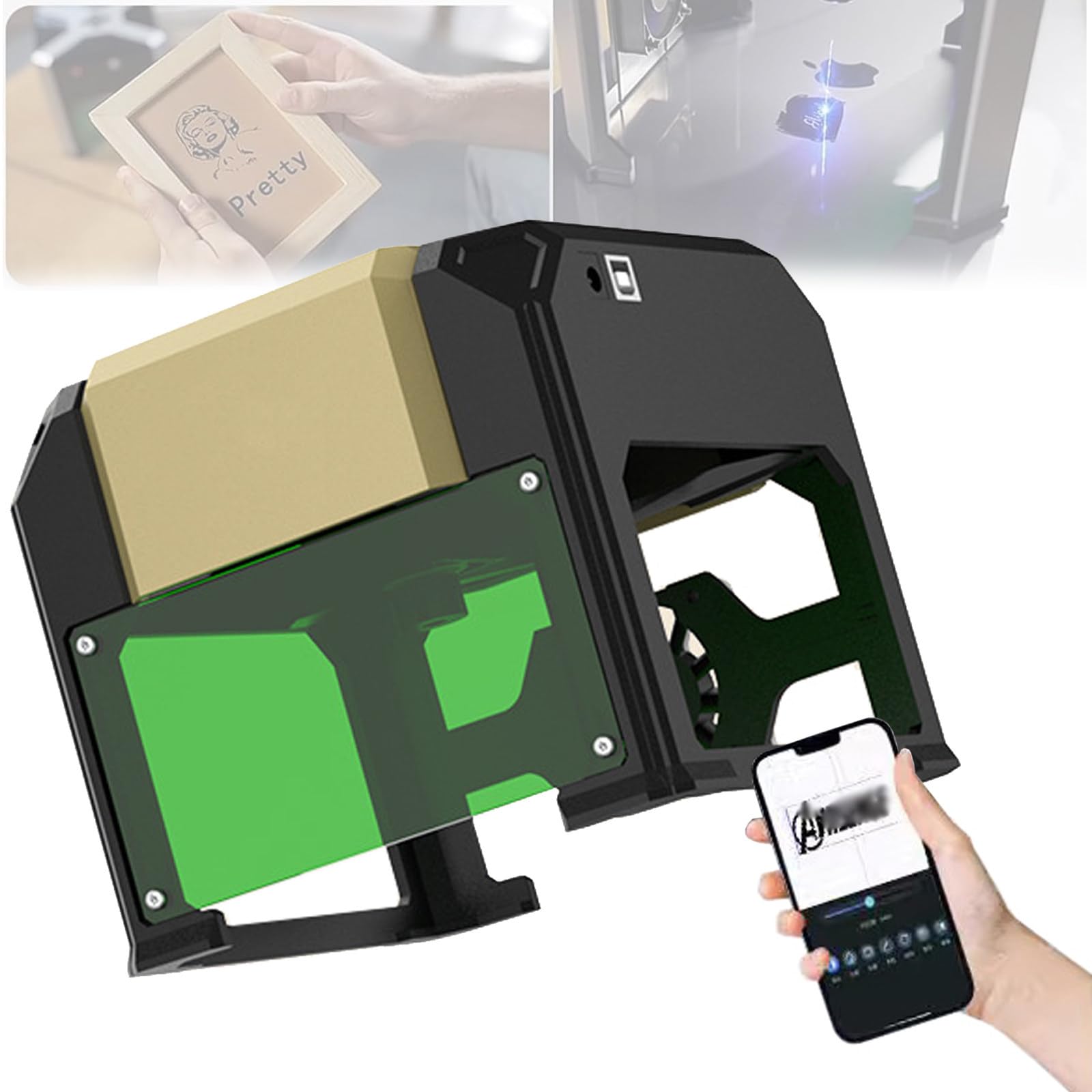 Mini incisore laser con area di lavoro 80x80mm, kit macchina per incisione laser portatile per legno, carta/plastica/vetro - Controllo tramite APP per computer/telefono cellulare intelligente