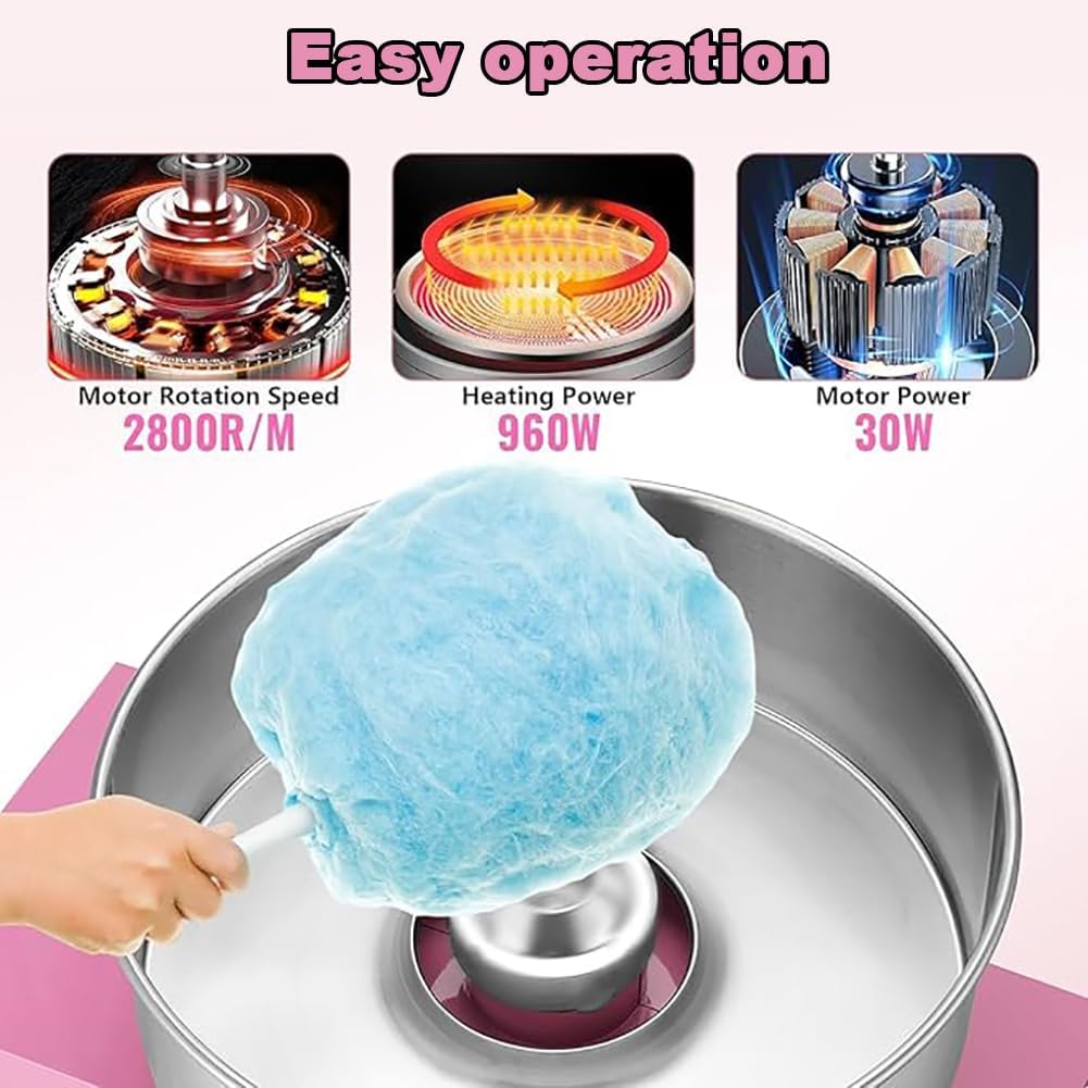 Candy Candy Machine with Trolley, Fully Automatic Fancy Candy Machine with 18 Inch Stainless Steel Bowl, Sugar Bucket and Candy Cart