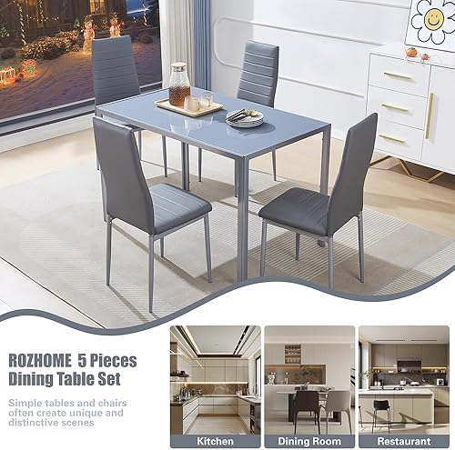Miniatura 6 de ROZHOME Juego de mesa de comedor para 4 mesa de cocina y sillas de 5 piezas con mesa de vidrio templado y 4 sillas de marco de metal de piel