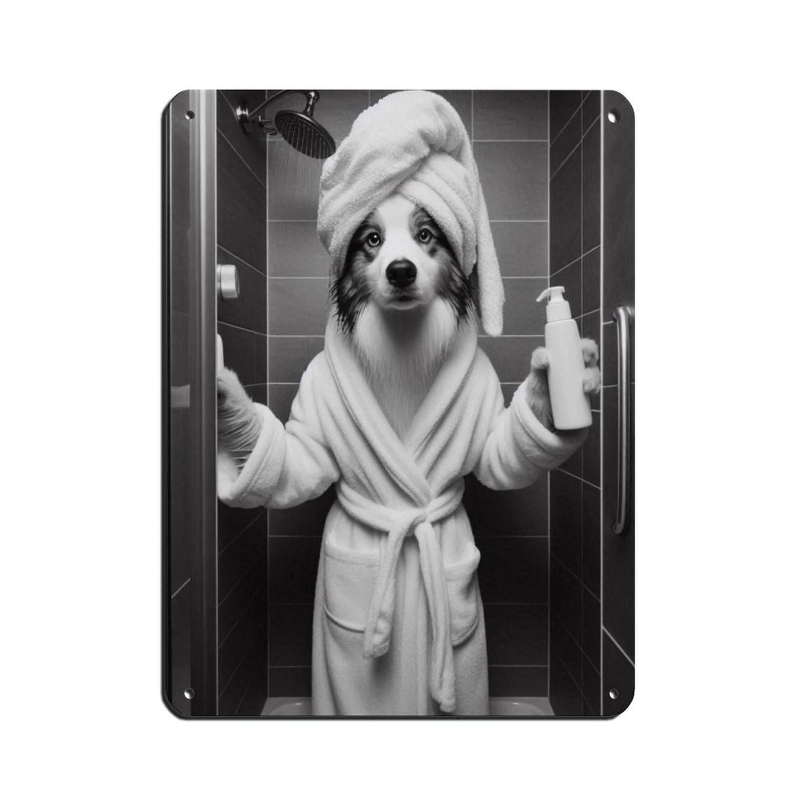 Border Collie Bathroom Art, Dog in Bathrobe Taking Shower Tin Sign Vintage Metal Pub Club Cafe Bar Home Wall Art Decoration Poster Retro 12x16inch(30x40cm)