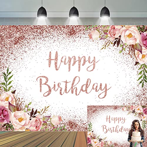 Happy Birthday Backdrop, 7x5ft Vinyl Rose Gold Shining Birthday Background, Floral Theme Birthday Party Backdrop, Sweet Princess Girl Birthday Portrait Photo Background Cake Table Decor by Canessioa - Used condition - CA$8.92