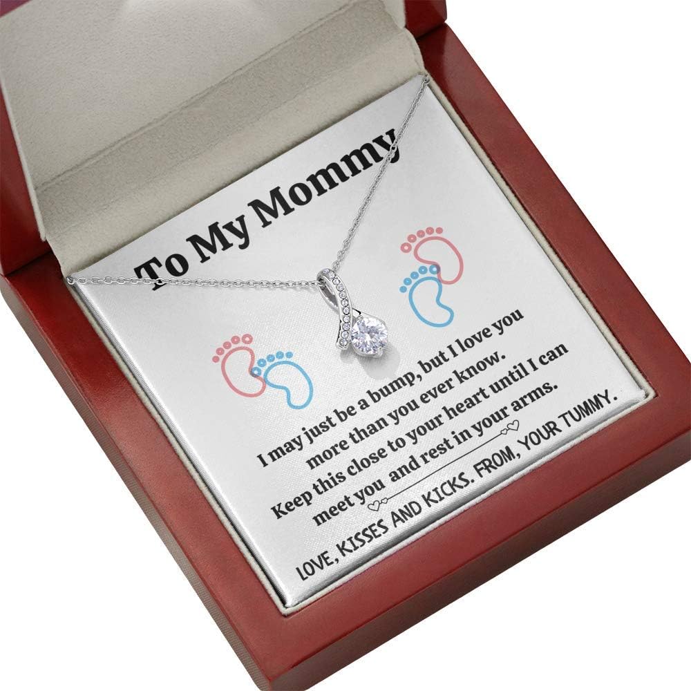 To My Mommy "Baby feet - White" Alluring Beauty Necklace with Message Card and Gift Box. Baby Shower Present. Gift for Pregnant Mom