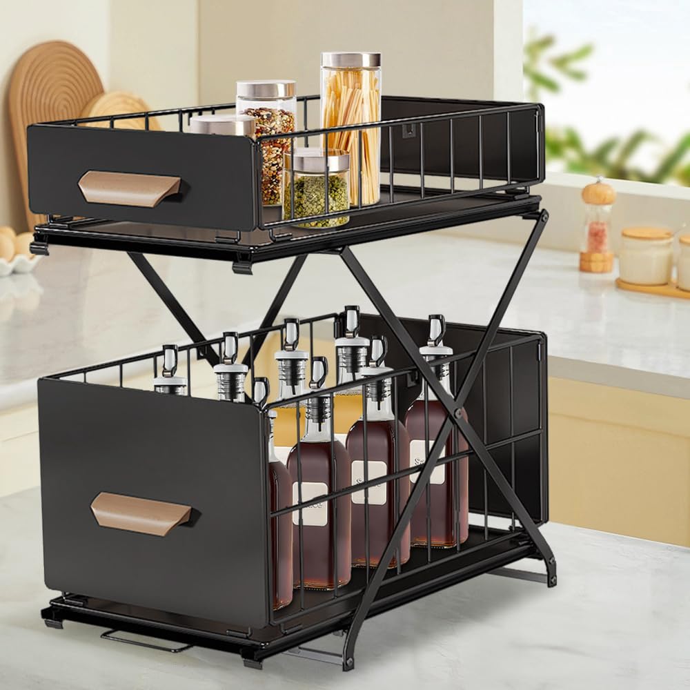 Drumm - Cajón de almacenamiento de 2 pisos, fregadero, cestas deslizantes extraíbles de metal, portaespecias para cocina, cuarto de baño, oficina (40 x 26 x 43 cm), color negro