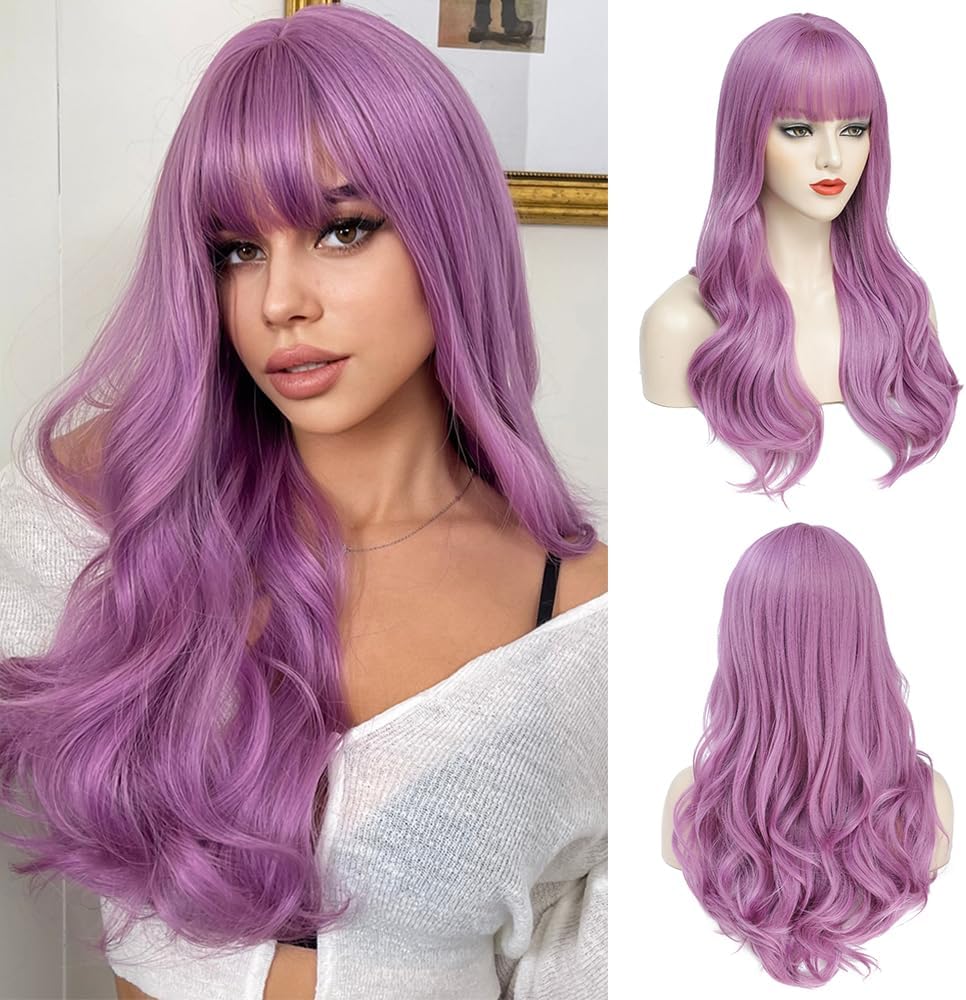 AISI QUEENS Purple Wigs for Women Long Purple Wig with Bangs Purple Wavy Wigs Purple Synthetic Heat Resistant Wigs for Daily Partyï¼Ë†26 inchï¼â€°