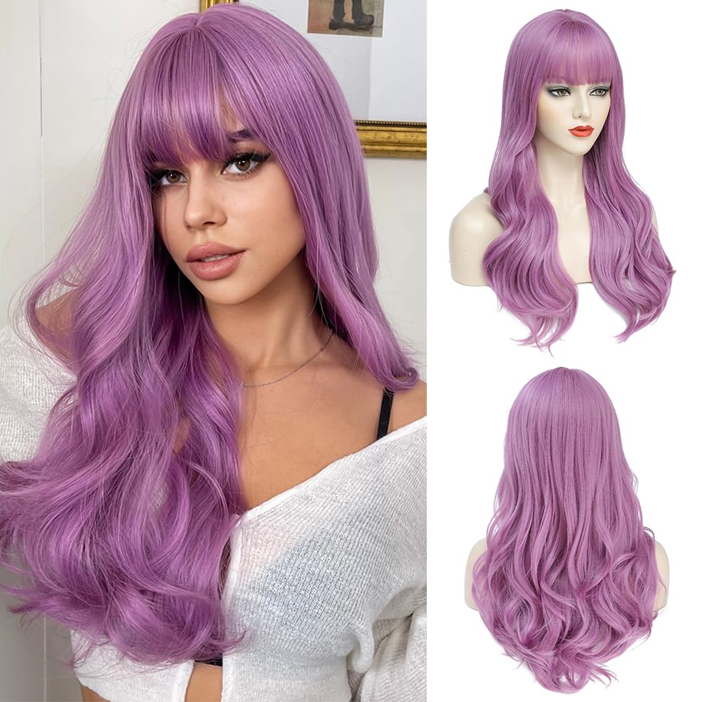 AISI QUEENS Purple Wigs for Women Long Purple Wig with Bangs Purple Wavy Wigs Purple Synthetic Heat Resistant Wigs for Daily Partyï¼Ë†26 inchï¼â€°
