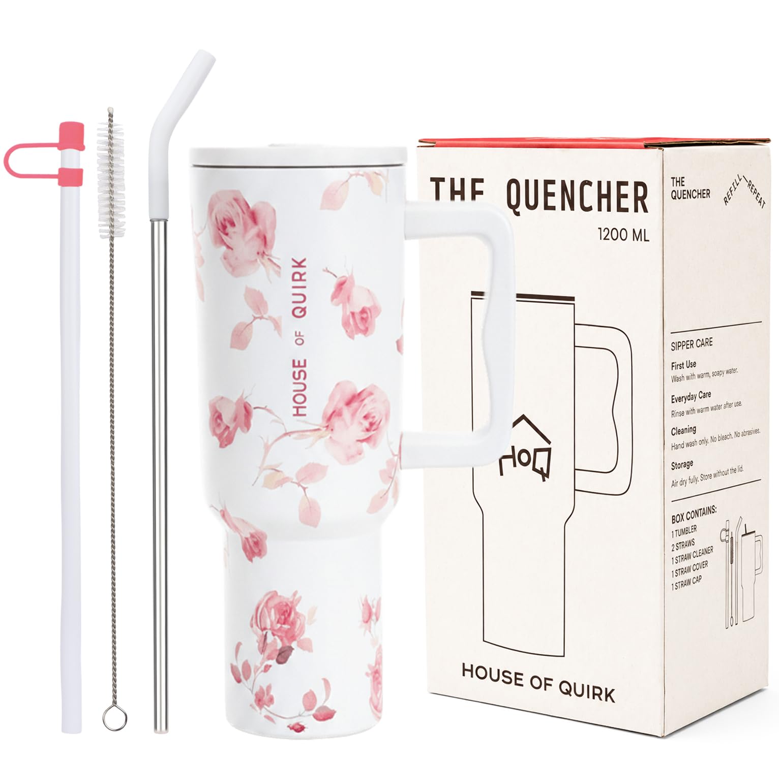 House of Quirk 1200ML Stainless Steel Tumbler with Handle & Lid, 2 Straws – Large Travel Mug Water Cup for Gym, Office & Outdoor Use (Snow Rose)