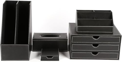 KINGFOM Juego de 5 organizadores de escritorio, 5 piezas de suministros de oficina, soporte de archivos de cuero sintético, cajón organizador de