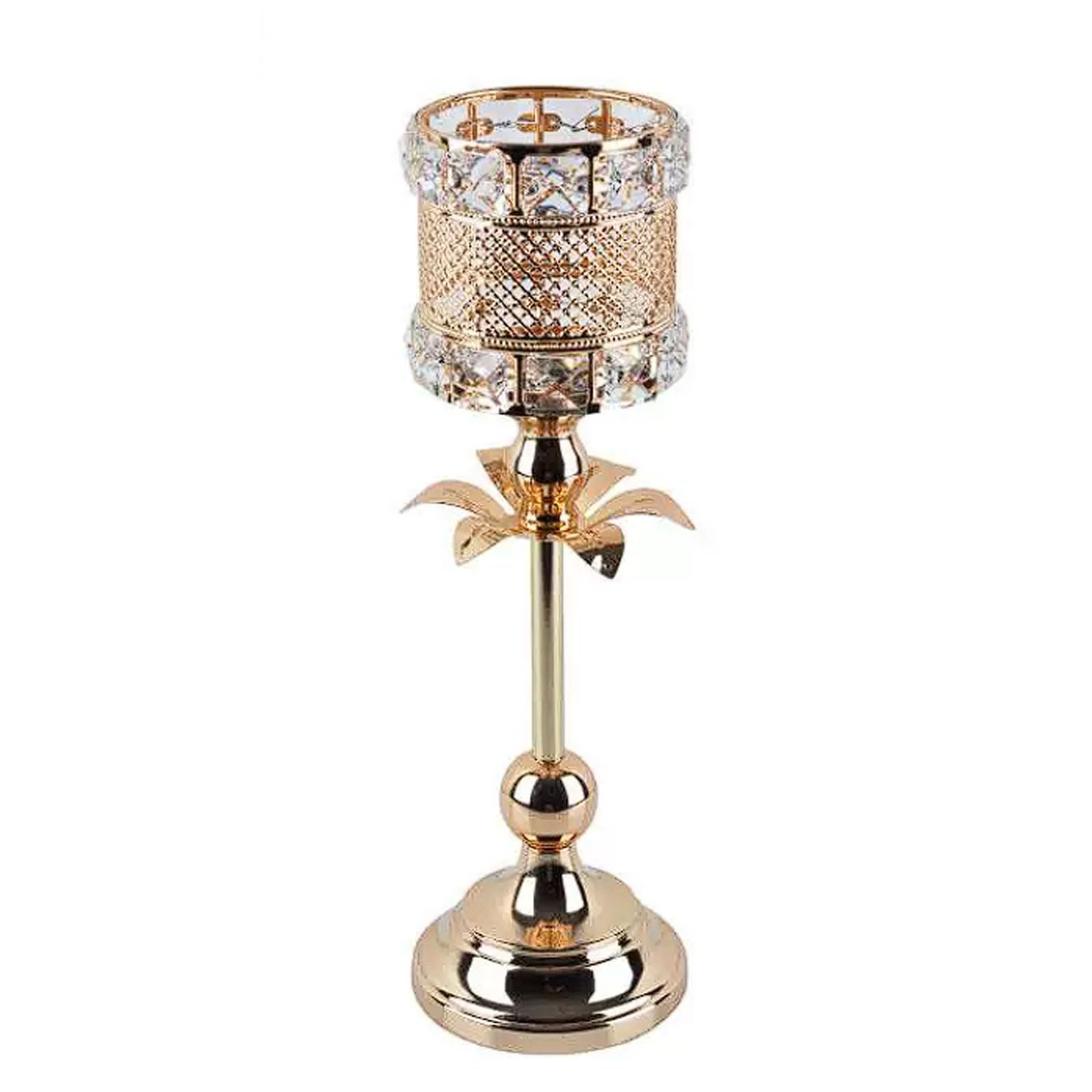 Candelabro de metal dorado con portavelas de hierro con diamantes de imitación de cristal y adorno decorativo artesanal (M)
