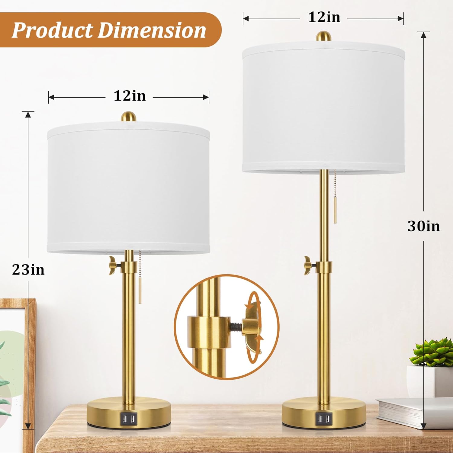 Table Lamp Set of 2, Bedside Lamp with 2 USB Ports, Gold Tall Table Lamp for Living Room End Tables, 23" to 30" Height Adjustable Lamp for Bedroom, Farmhouse Table Lamps with Pull Chain, E26