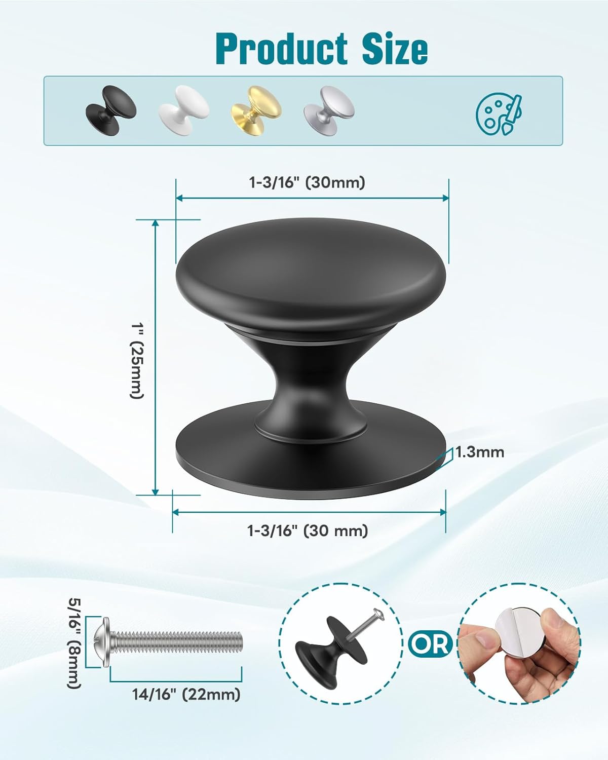 Self-Stick Cabinet Knobs, Aluminum Alloy Self-Adhesive & Drill-Mount Drawer Pulls for Kitchen Cabinets, Cupboards, Dressers, Closets, Sliding Glass Doors - Screws/Stick Install (8, Black)