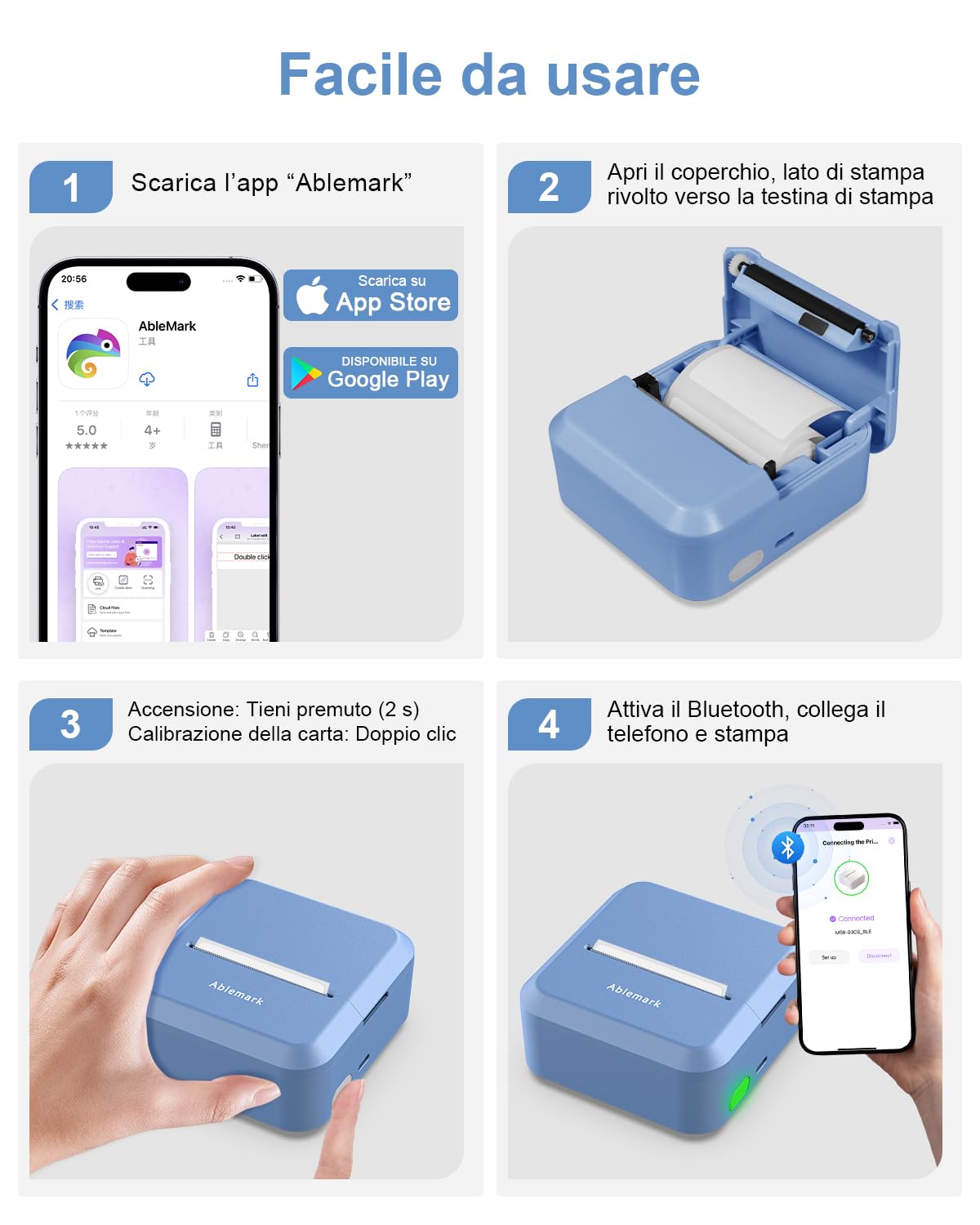 Mini Stampante Etichette Adesive, Stampante Termica Portatile Bluetooth con 1 Rotolo di Carta, Mini Stampante Fotografica per Note Elenco Memo Adesivi, Pagina Web, Idea Regalo Diy(20-50mm)