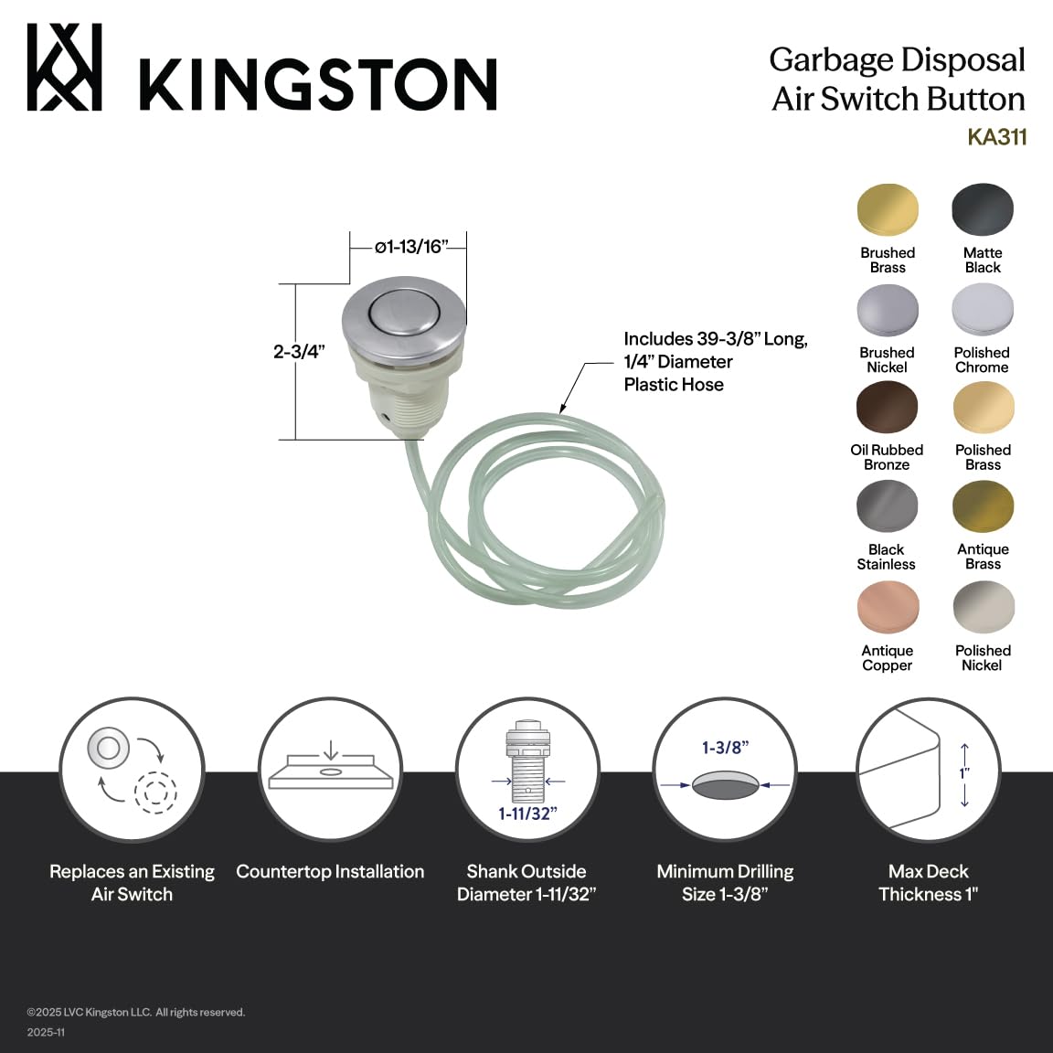 Kingston Brass KA31AB Trimscape Interrupteur à air en laiton antique