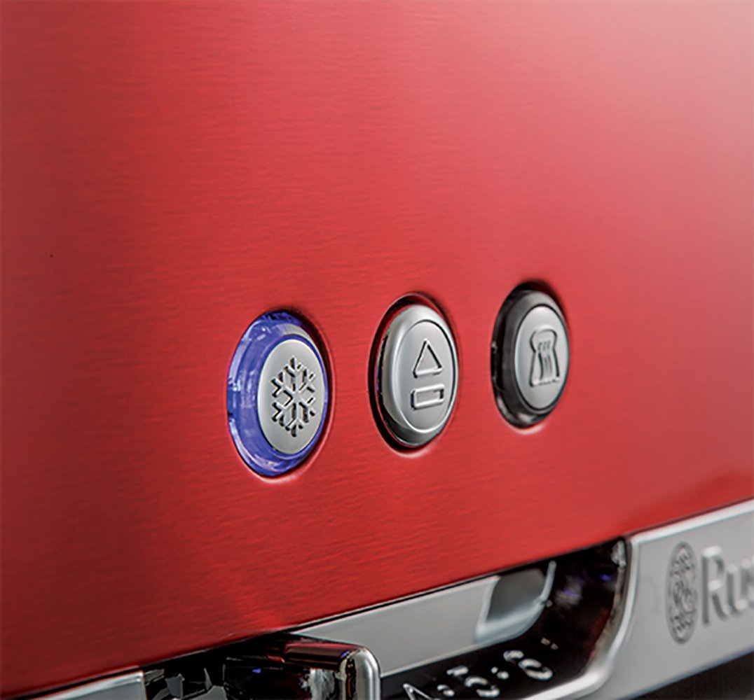 Russell Hobbs toster, szybkie opiekanie, funkcja rozmrażania, szerokie otwory, funkcja podnoszenia tostów, tacka na okruchy i ruszt na bułki, moc 1420W, czerwony, Luna 23250-56