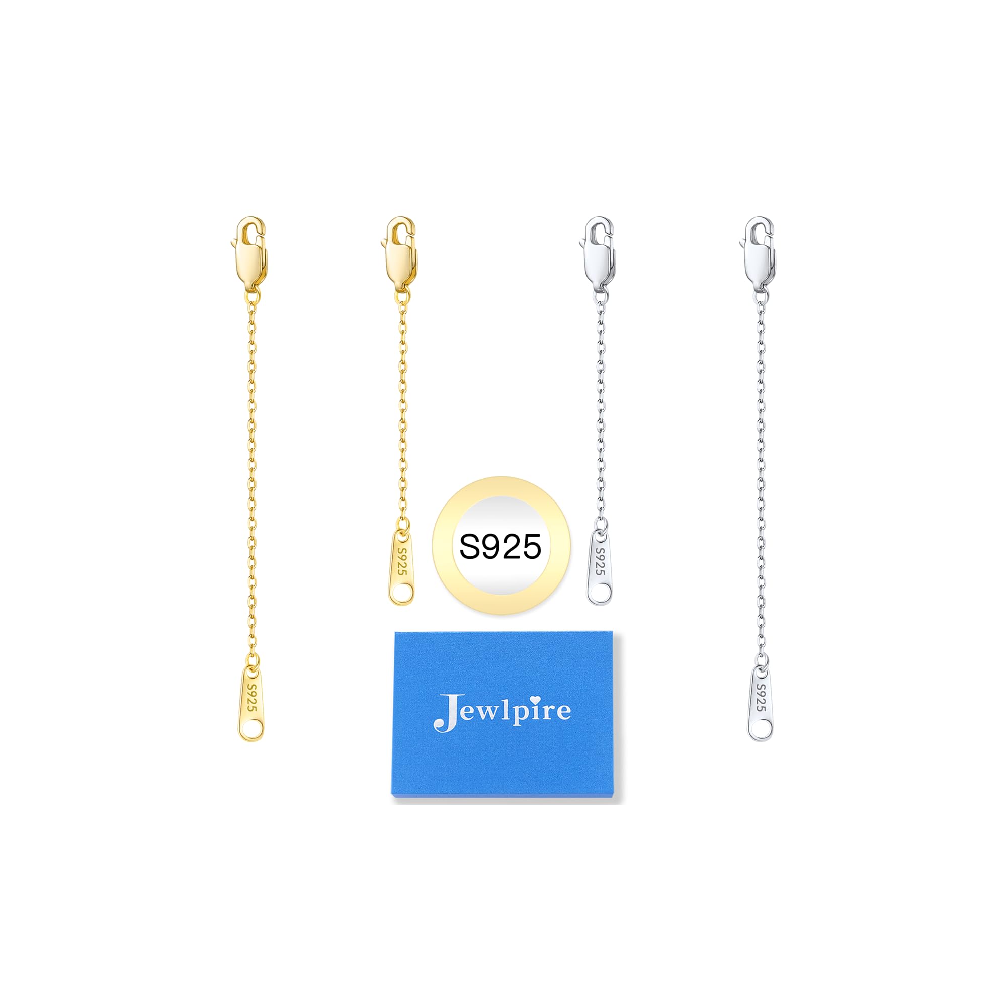 Jewlpire Necklace Extender for Women, 14k Gold Plated and 925 Sterling Silver Cable Chain Extenders for Necklaces, Jewelry Extenders for Necklaces Bracelets Anklets 4 Piece (2", 3")