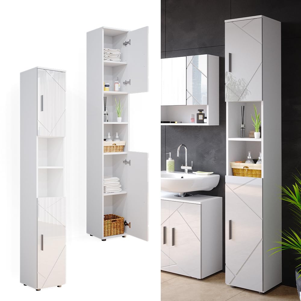 Vicco Mobile bagno alto Irma, Bianco lucido, 30 x 192 cm, per la conservazione di accessori da bagno e compatibile con la serie Irma