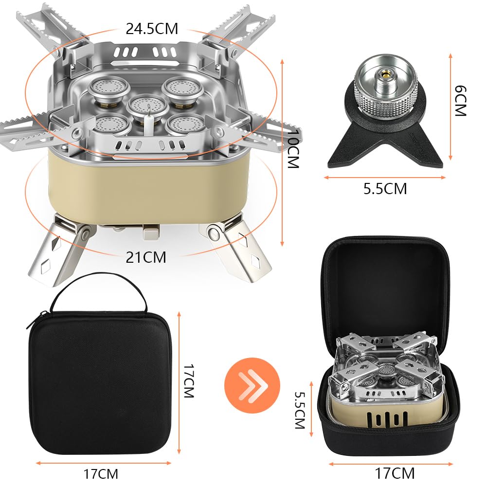 Adiwo 15800w Fornello da Campeggio, Pieghevole Gas Camping Stove Migliorato con 5 Bruciatori, Accensione Piezoelettrica e Borsa Portaoggetti, Mini Stufa da Campeggio Antivento(Cachi)