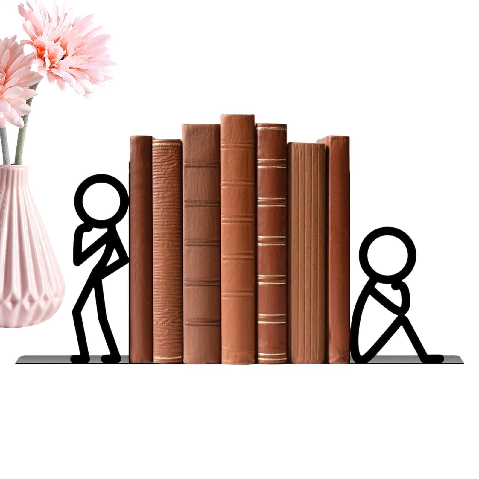 1 Pair Metal Book Ends Quirky | Thinker Person Black Bookends For Shelves | Non-Slip Book Stoppers Organizer | Hollow Design, Decorative Books Holder For Home Office Desk Bookshelf