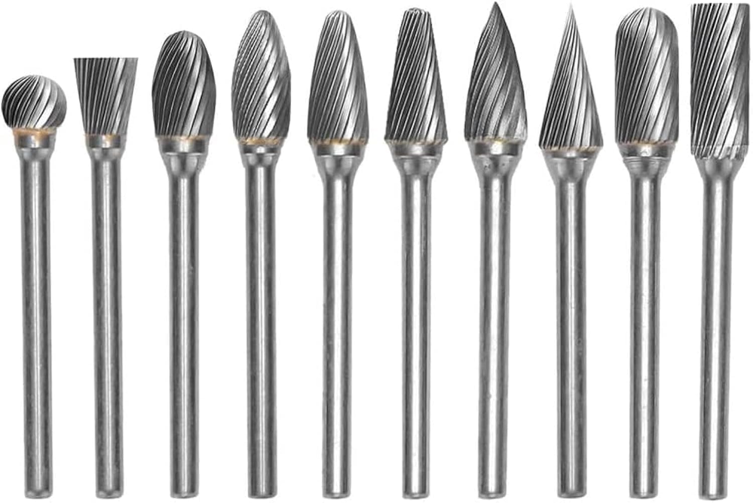 Yakamoz Set of 10pcs 1/8 Inch (3mm) Shank Single Cut Tungsten Steel Solid Carbide Rotary Burrs Set for Woodworking Drilling Carving Engraving Tools