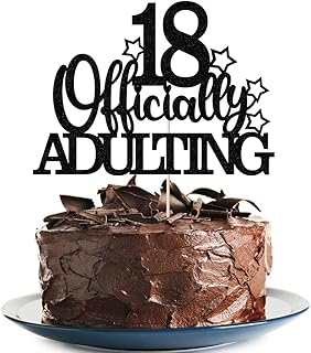 Officially Adulting 18 Cake Topper, Happy 18th Birthday Cake Decorations, 18th Cake Decor, Cheers to 18 Years Birthday Anniversary Party Supplies Black Glitter