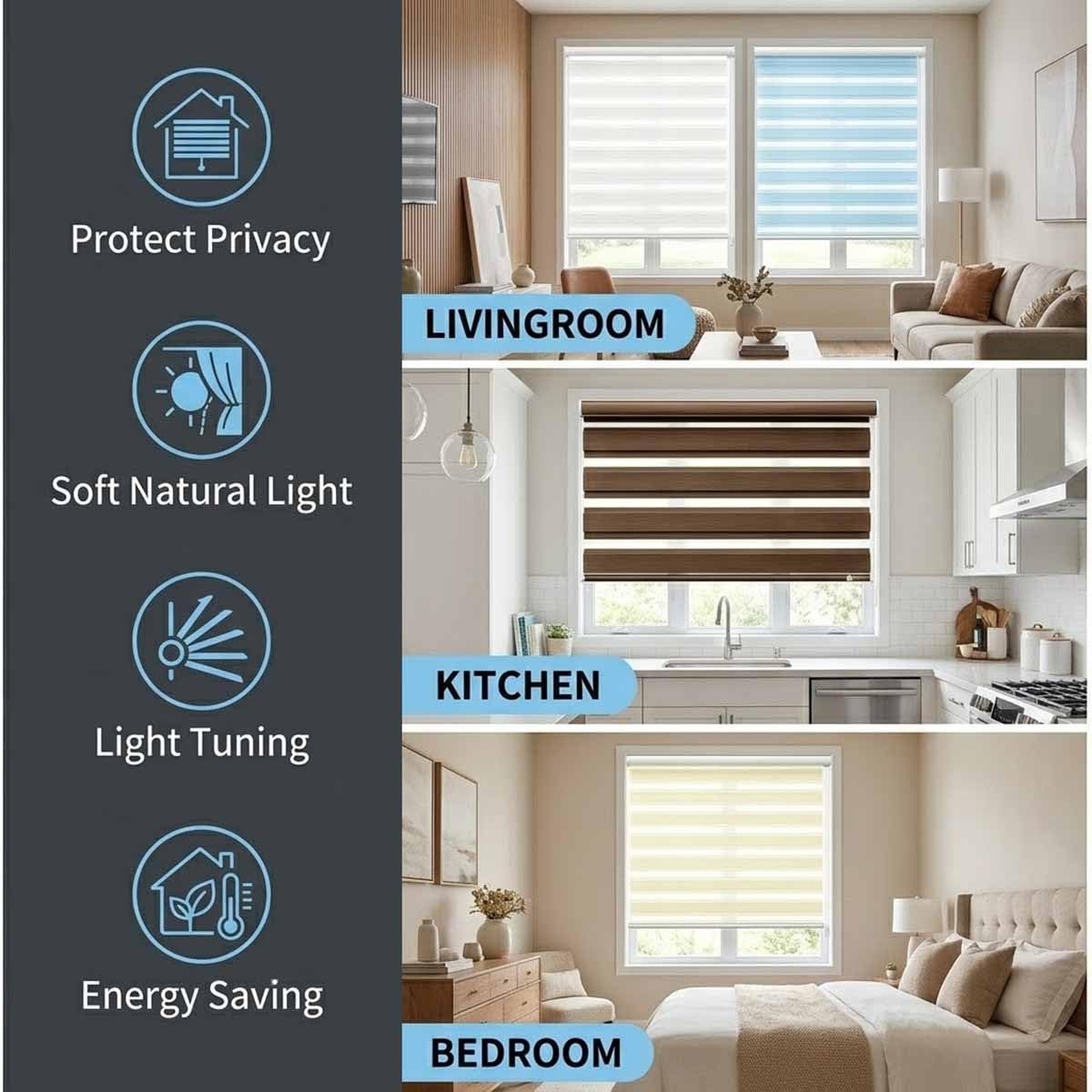 Store Enrouleur Jour Nuit, Store Zèbre Double Tissu avec Clips, Rideau Translucide Et Occultant pour Fenêtre Et Porte, Protection Solaire, Largeur 50 60 80 100 120 140 155cm