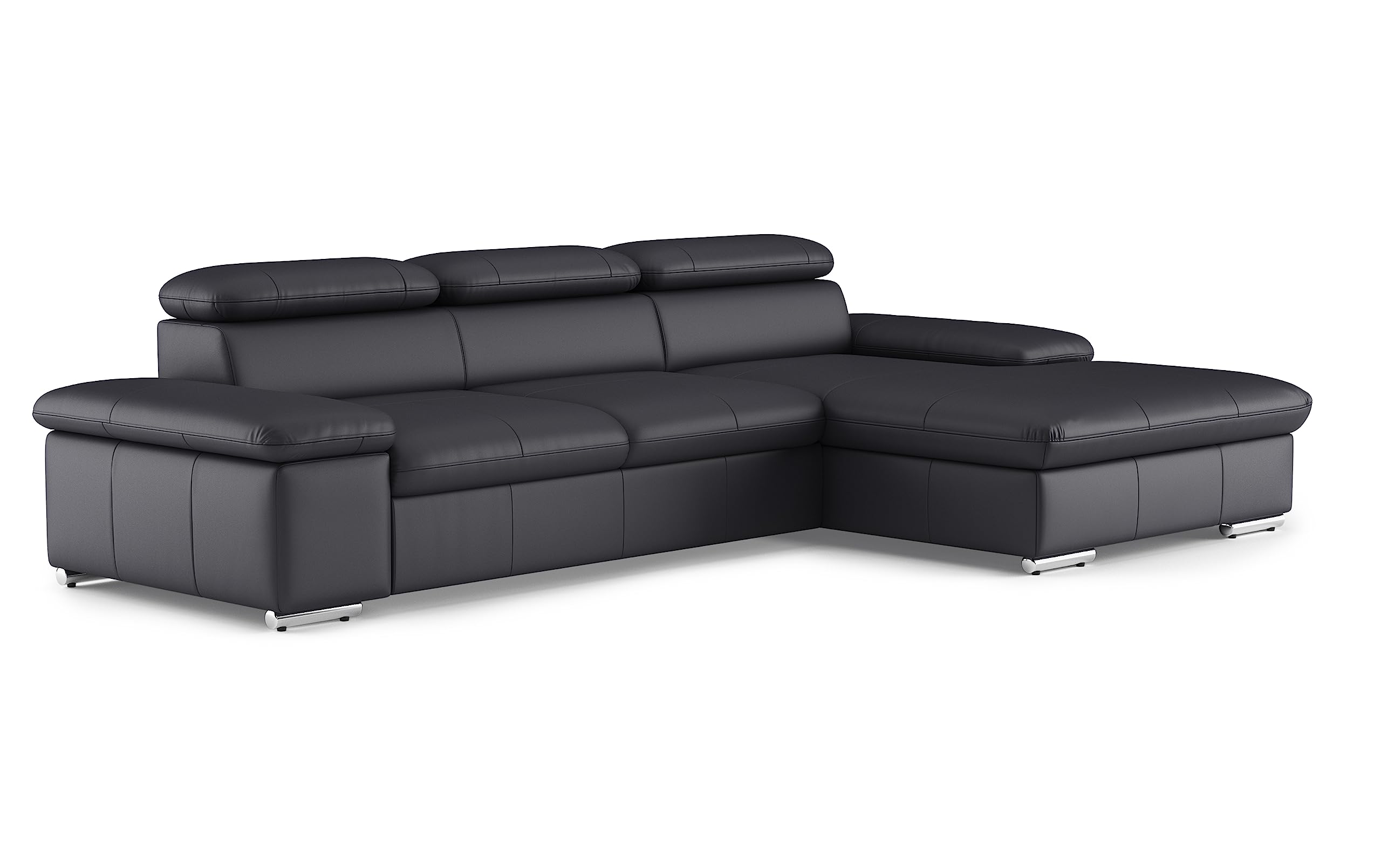CAVADORE Leder-Schlafsofa Valerie mit XL-Longchair / Eckcouch mit Schlaffunktion, Kopfteilverstellung + großem Longchair / 286 x 73 x 174 / Echtleder Schwarz