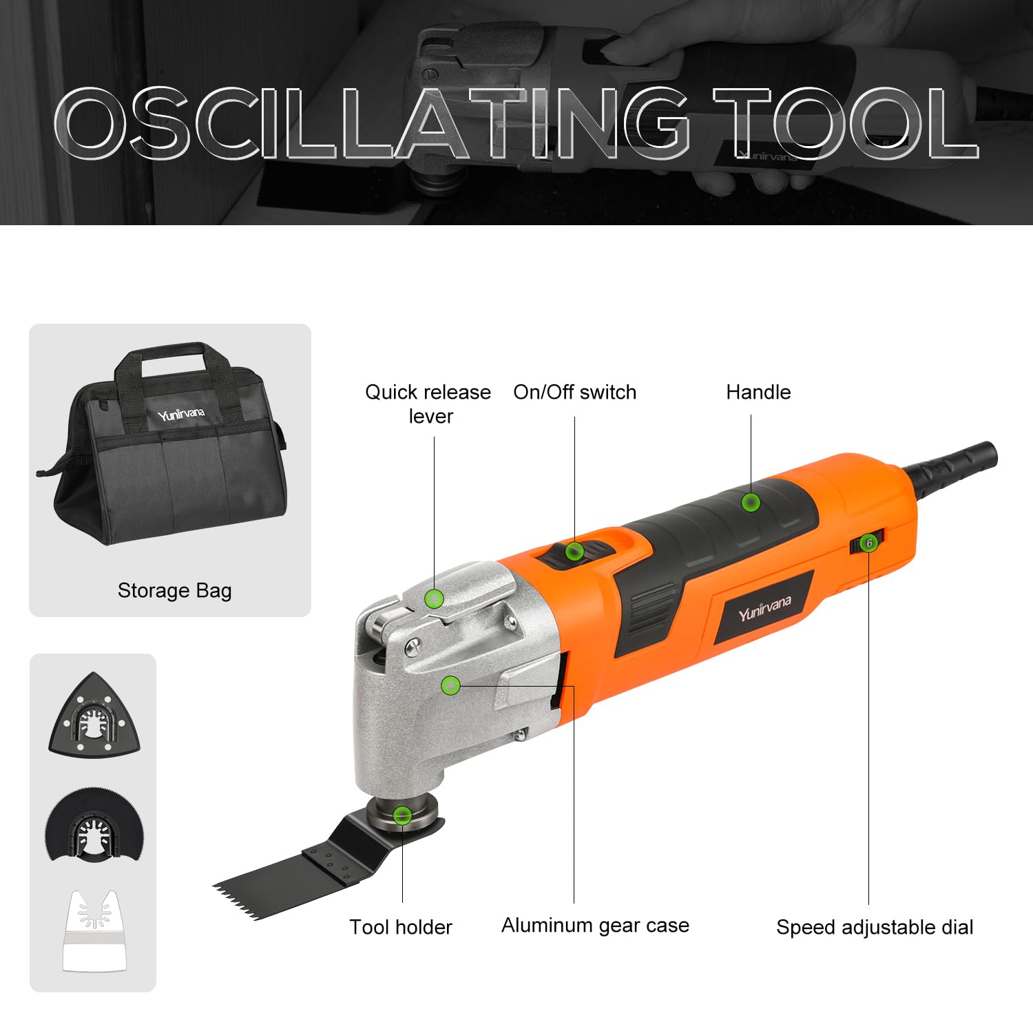 Yunirvana 300W Oszillierendes Multifunktionswerkzeug, 6 variable Geschwindigkeiten, 15.000-22.000 U/min variabler Geschwindigkeit Multi-Tool, 3 ° Oszillierender Winkel, Multiwerkzeug zum Schneiden