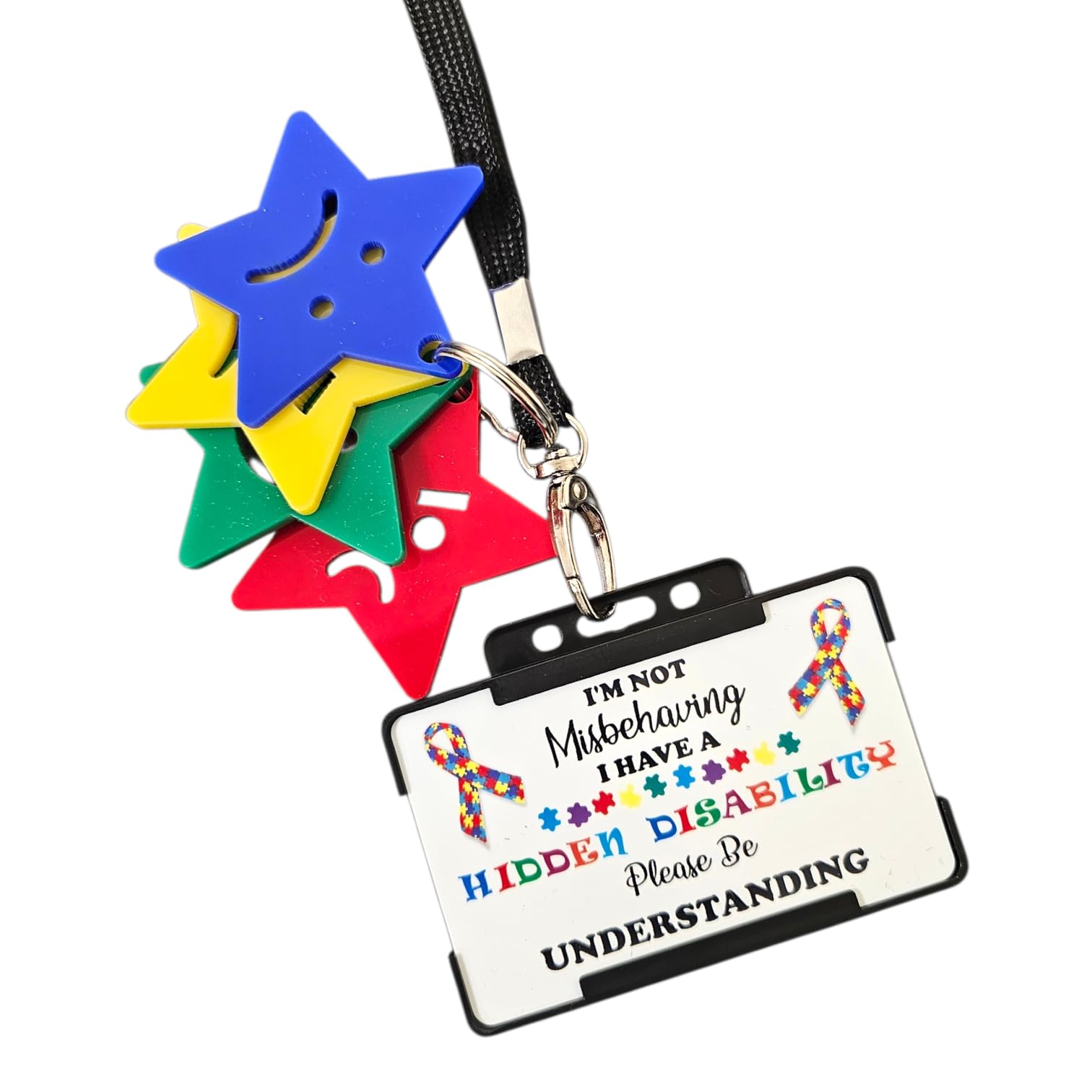 Hidden Disability Medical Alert Card with Breakaway Lanyard and Emotions Star Keyring