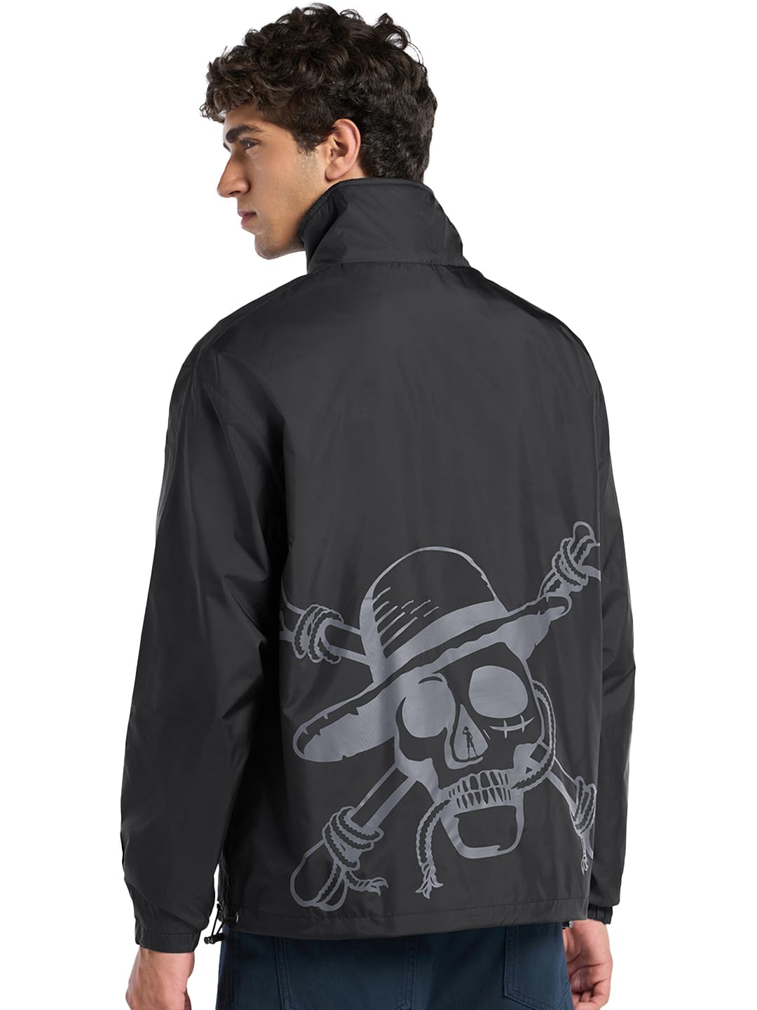 Bewakoof Air 1.0 Official One Piece Merchandise Men's Graphic Print Oversized Fit Full Sleeve High Neck Nylon Jacket in multi
