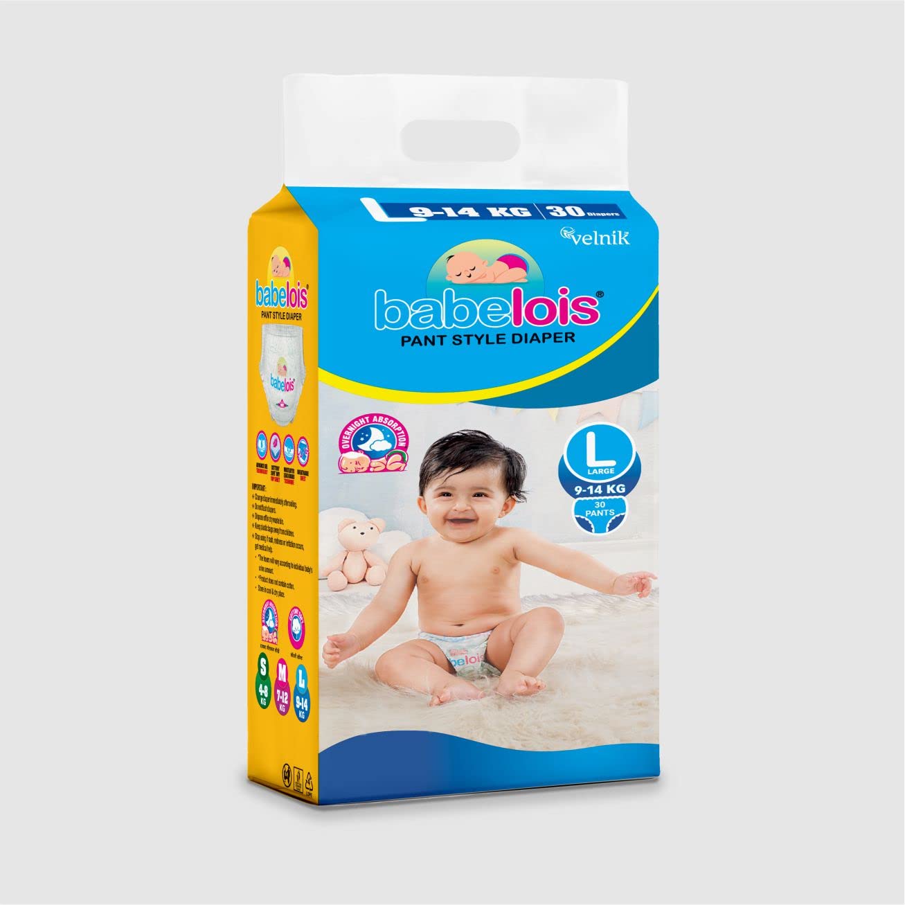 Babelois Pants Style Baby Diaper With Overnight Absorption & Multilayer Leak Guard Baby Diapers L Size, 30 Count | India's Fastest Absorbing Diaper, Patented Dry Xpert Channel, Ideal for 9 to 14 Kgs