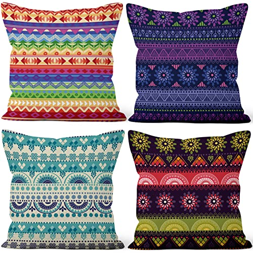 Aoihrraan 45x45cm Juego DE 4 Estilo Boho Fundas DE Cojin Vistoso Bohemio Mándala Étnico Patrón Cuadrado Corto De Felpa Suave Funda De Almohada Decoración Hogar Dormitorio Exterior Canapé Coche Sofá Cover