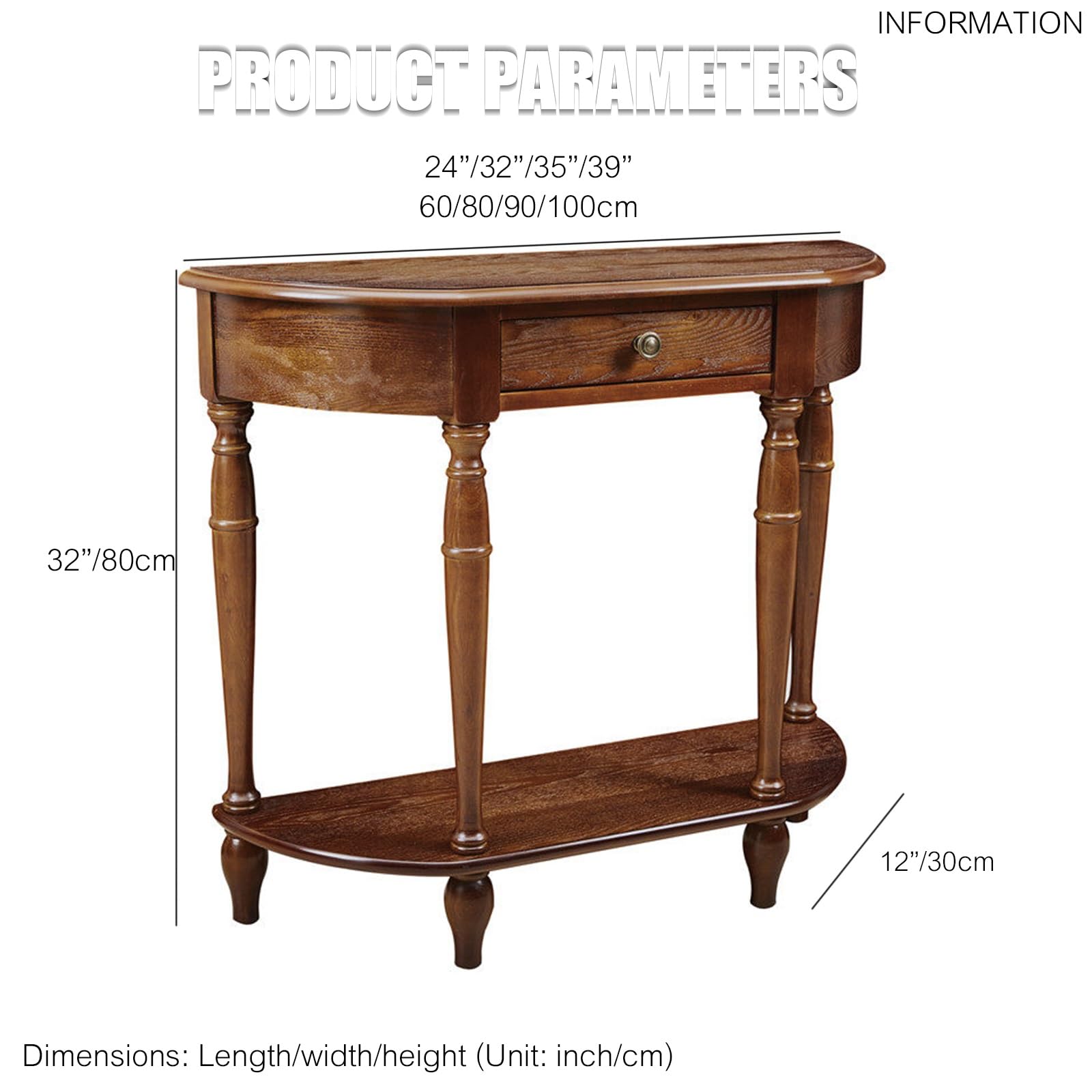 Consolle a mezzaluna con cassetto e mensola, in legno massiccio, stile vintage, per soggiorno, ingresso