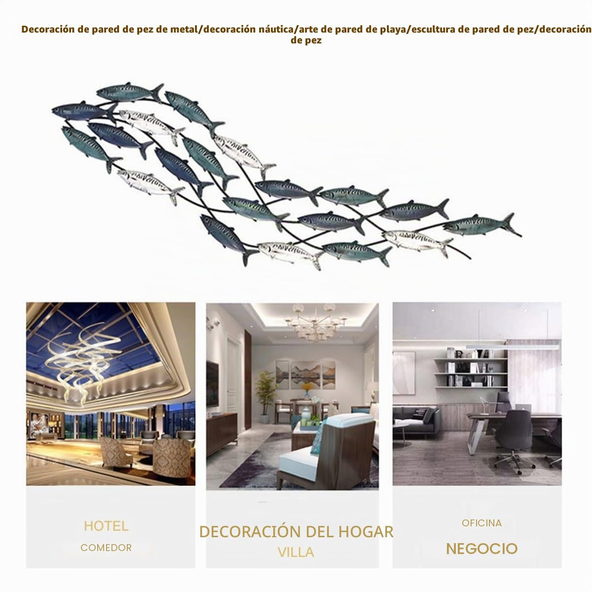 rcqeuiol Decoración de pared de peces de metal, arte de pared de peces en 3D, gran tema costero, escultura de pared de metal, decoración marina, para sala de estar, dormitorio, 59 x 16.5 pulgadas