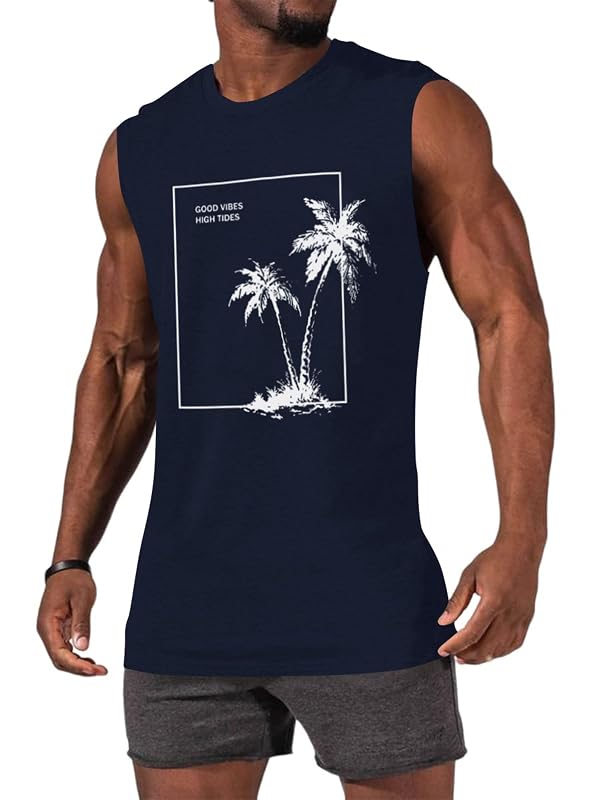 iudam Mens Summer Graphic Sleeveless Shirts Palm Tree Vacation T Shirts Muscle Gym Tank Top (Navy Blue,L) by iudam - Used condition - Image 2