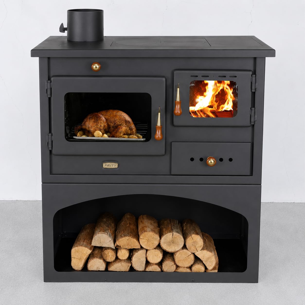 Stufa 1P34 Sinistra Cucina 10,1 kW con Forno e Piastra di Cottura - Stufa a Legna, Stufa a Camino, Forno Sinistro, Collegamento Tubo Fumaria Sinistra, Classe di efficienza energetica A, BImSchV