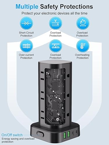 Miniatura 6 de Torre de regleta con múltiples tomas, cable de extensión de torre con protector de sobretensiones de enchufe plano con 12 salidas de CA, 4 puertos
