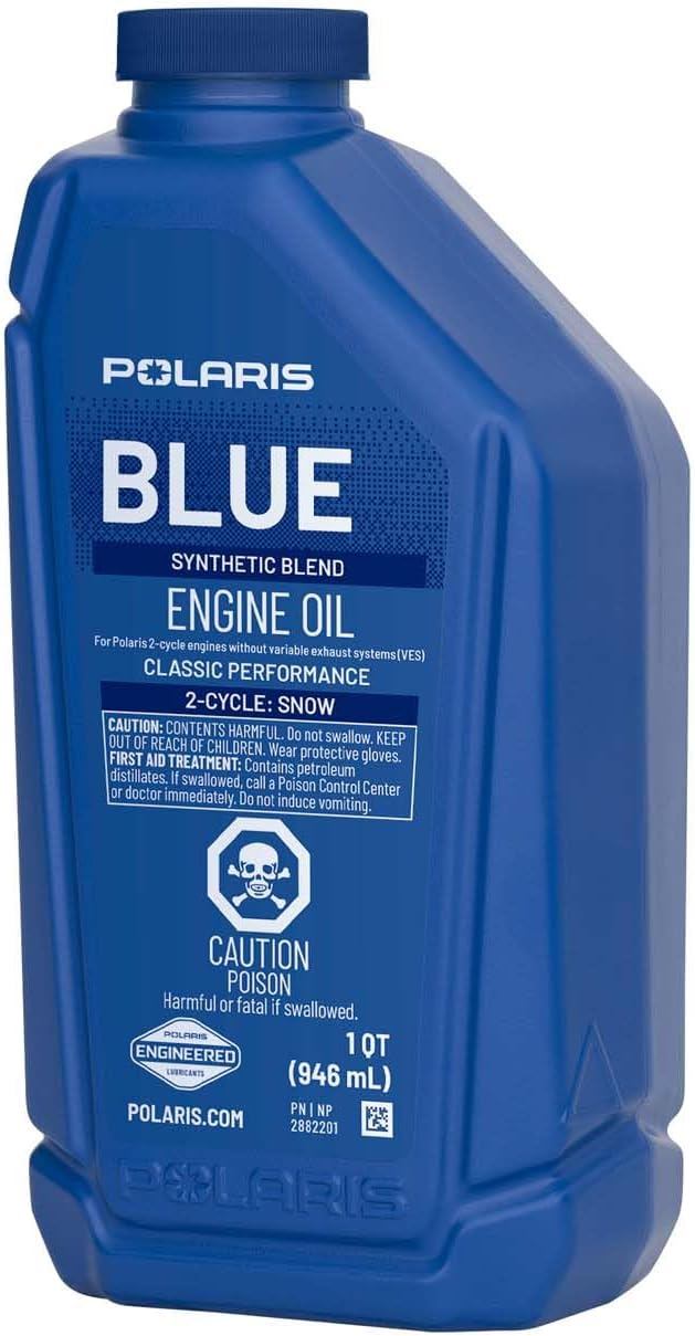 Polaris Blue Synthetic Blend 2-Cycle Oil for Non-Exhaust Valve 2-Stroke Snowmobile Engines, Fan-Cooled, Vintage, Pre-Mix or Injection, Low Smoke Formula, 1 Quart, Genuine OEM - Part 2882201