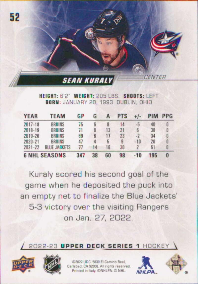 2022-23 Upper Deck #52 Sean Kuraly Columbus Blue Jackets Series 1 NHL Hockey Trading Card image 2