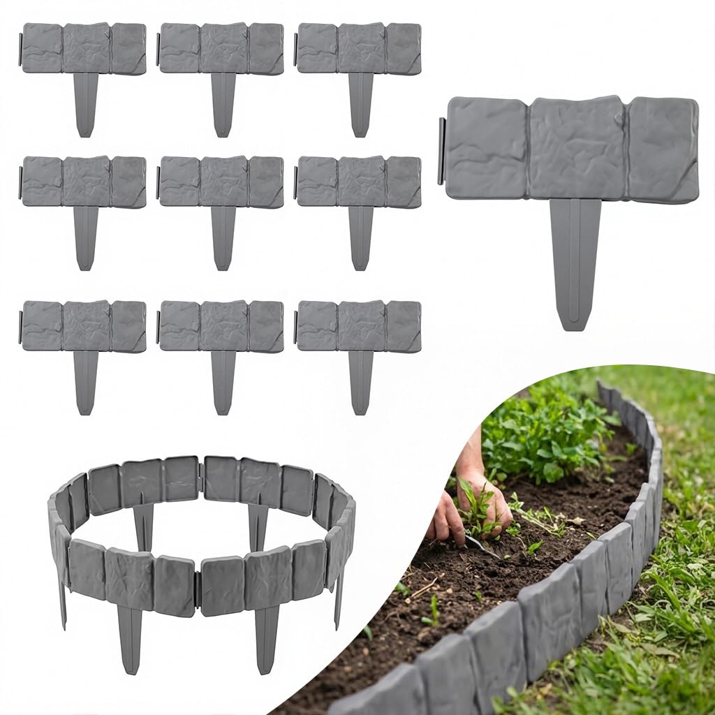 HASTHIP® Generic Garden Fence 10Pcs Outdoor Garden Fence Border Set for Garden Edging Fence Decorative Panels,Connectable Stone Like PP Landscape Border for Flower Beds,Walkways Lawns and-image-28