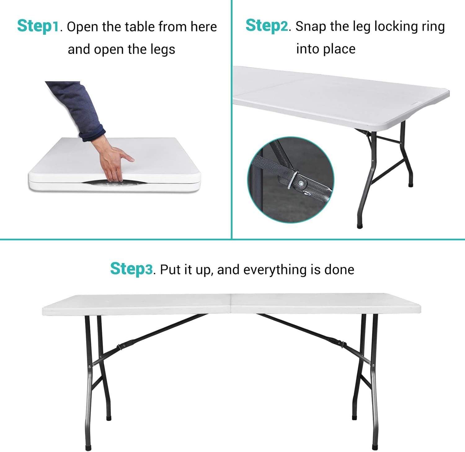 6ft Folding Tables, Heavy Duty HDPE Plastic Portable Folding Table, Utility Indoor Outdoor Foldable Dining Table for Parties, Backyard Events
