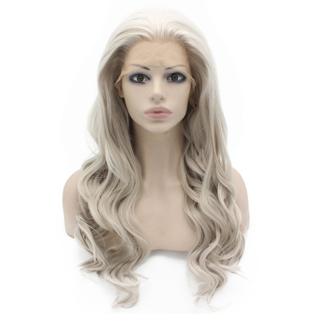 MX angel Long Wavy Celebrity Lace Front Wig Half Hand Tied Heat Resistant Fiber Gray Lace Front Synthetic Hair Wig