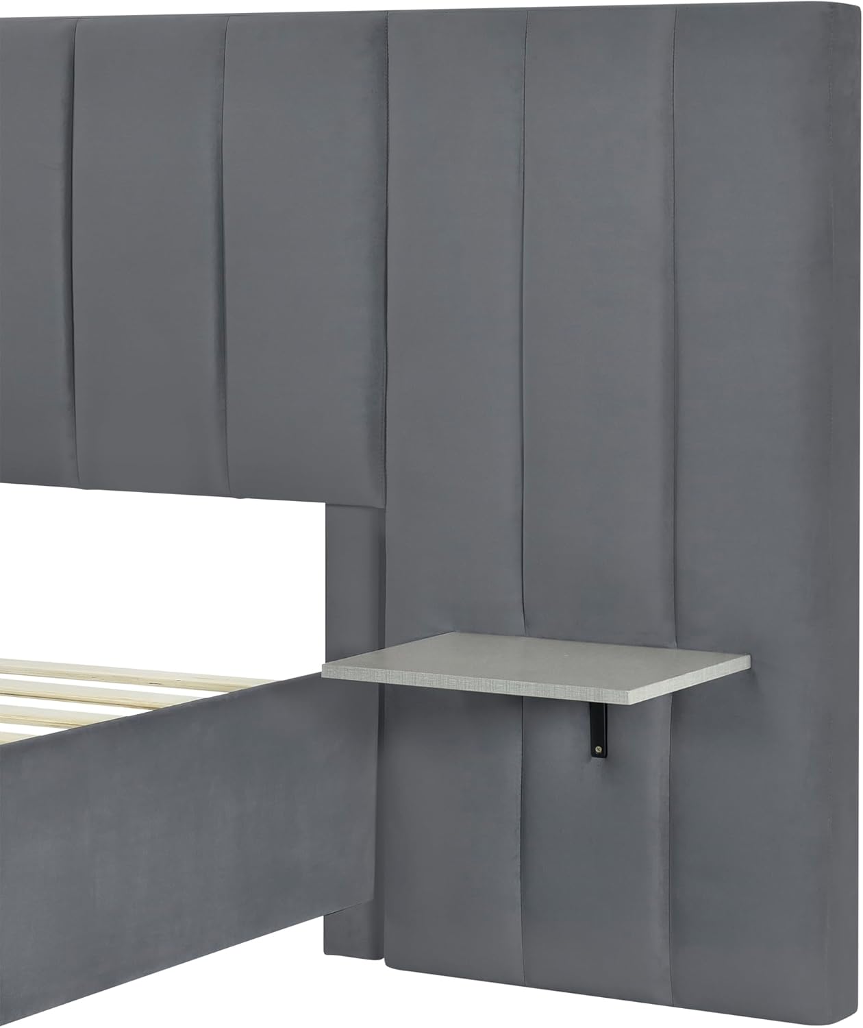 Merax Queen Platform Bed with Big Headboard, Queen Size Velvet Upholstered Bed Frame, Wood Slat Support, No Box Spring Needed, Gray