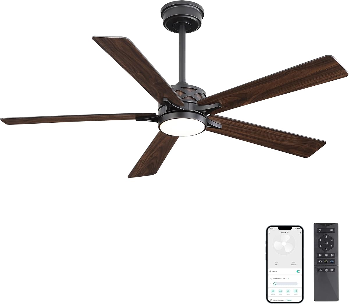 WINGBO 60" Smart Ceiling Fan with Lights, Black/Walnut Blades, 6 Speeds Reversible DC Motor, Works with Alexa and Google Assistant, 3CCT Dimmable LED Ceiling Fan for Bedroom Living Room, Black Finish - Amazon.com