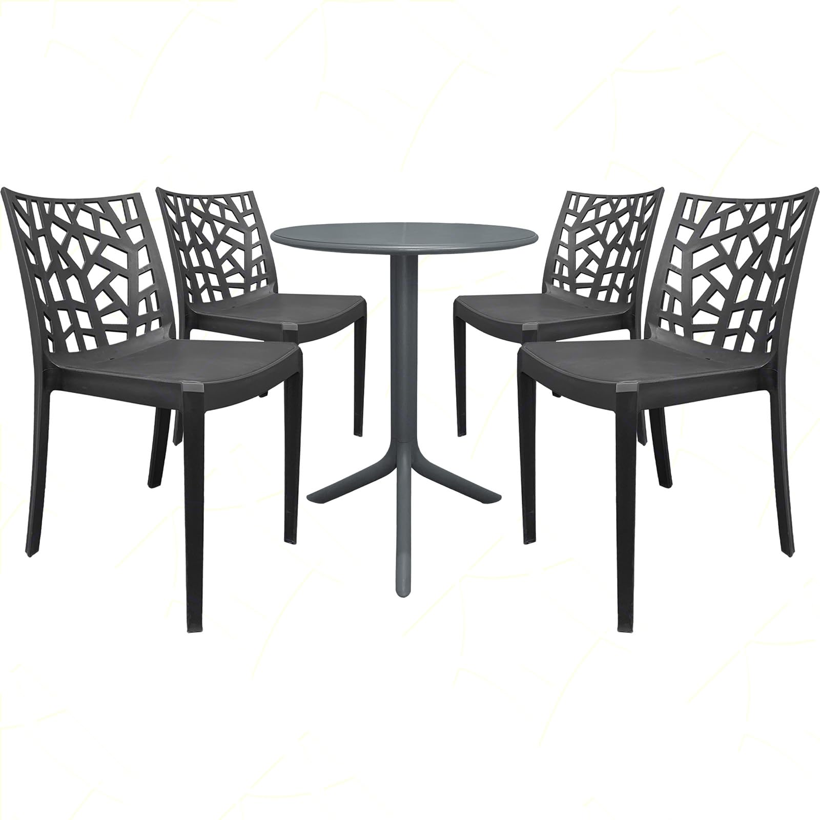 Sicignano | Juego de 4 sillas con mesa redonda, 5 piezas, plástico, completo oscuro – Apilable, resistente a los rayos UV, antideslizante, decoración interior exterior, bar, pub, jardín, terraza, Made