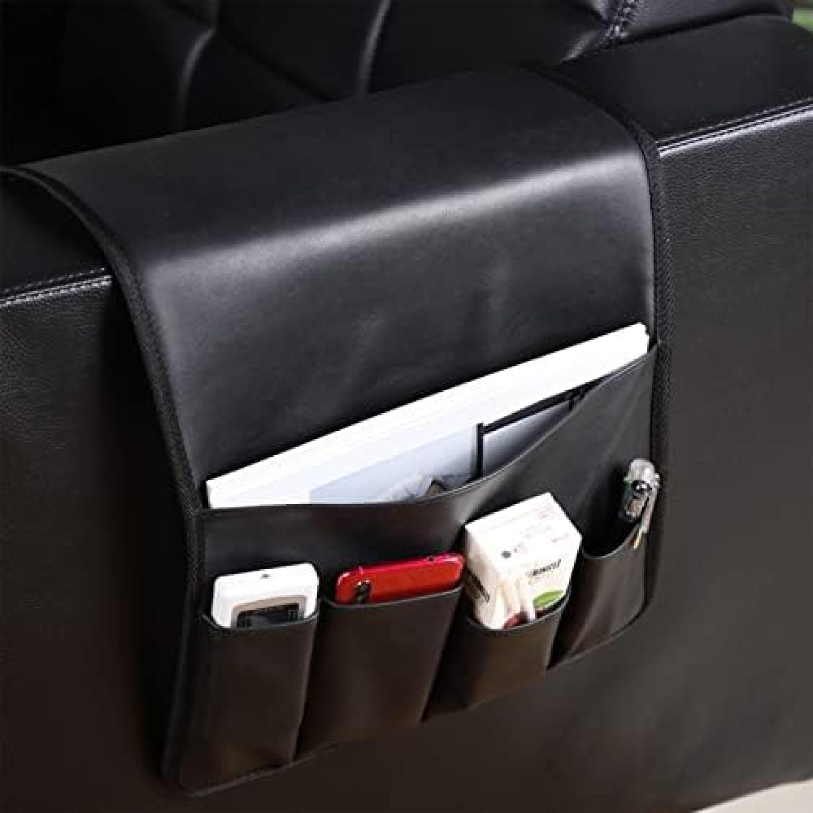 Organizador De Reposabrazos De Sofá De Cuero Antideslizante, Soporte Remoto Para Sofá, Sillón Reclinable, Mesita De Noche Con 5 Bolsillos Para Revistas, Control Remoto De TV, Teléfono,Marrón,Const