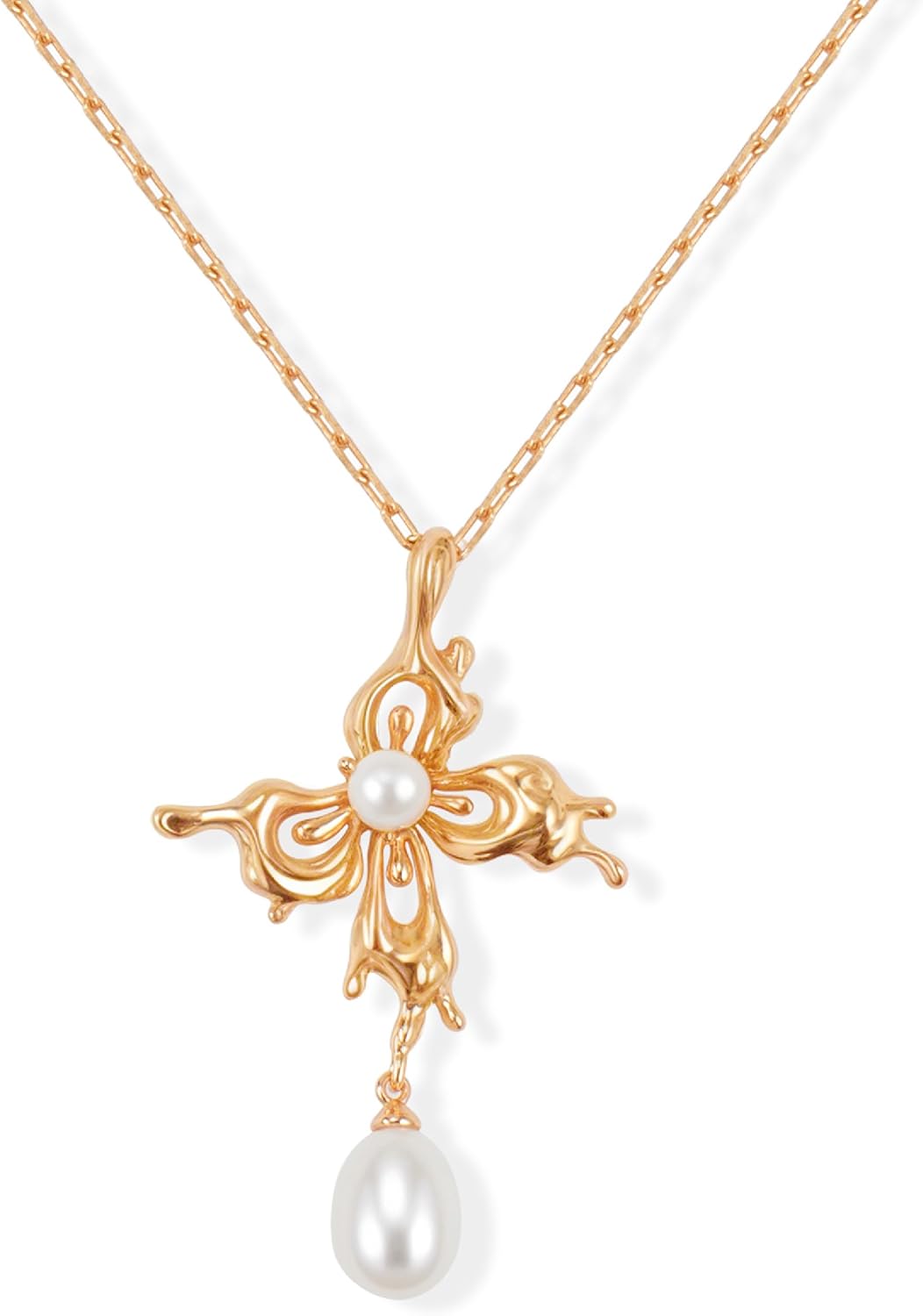 Gold Necklace for Women, Flutter Papillon Collection, Medium Model, Artistic Floral Cross Pendant, 18K Yellow Gold Finish, Sterling Silver, Freshwater Pearls